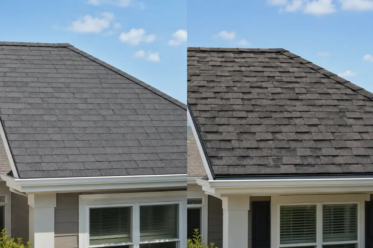 Side-by-side comparison of a residential roof with traditional 3-tab asphalt shingles and premium architectural asphalt shingles, highlighting differences in thickness, dimensional texture, and shadow lines on identical suburban homes.