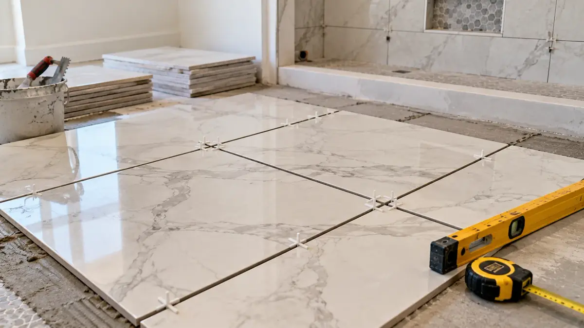 Bathroom tiles arranged to review cuts and grout spacing.