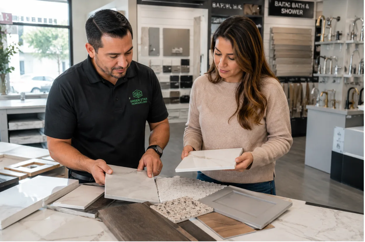 Homeowner choosing tile and countertop materials for a Los Angeles bathroom remodel