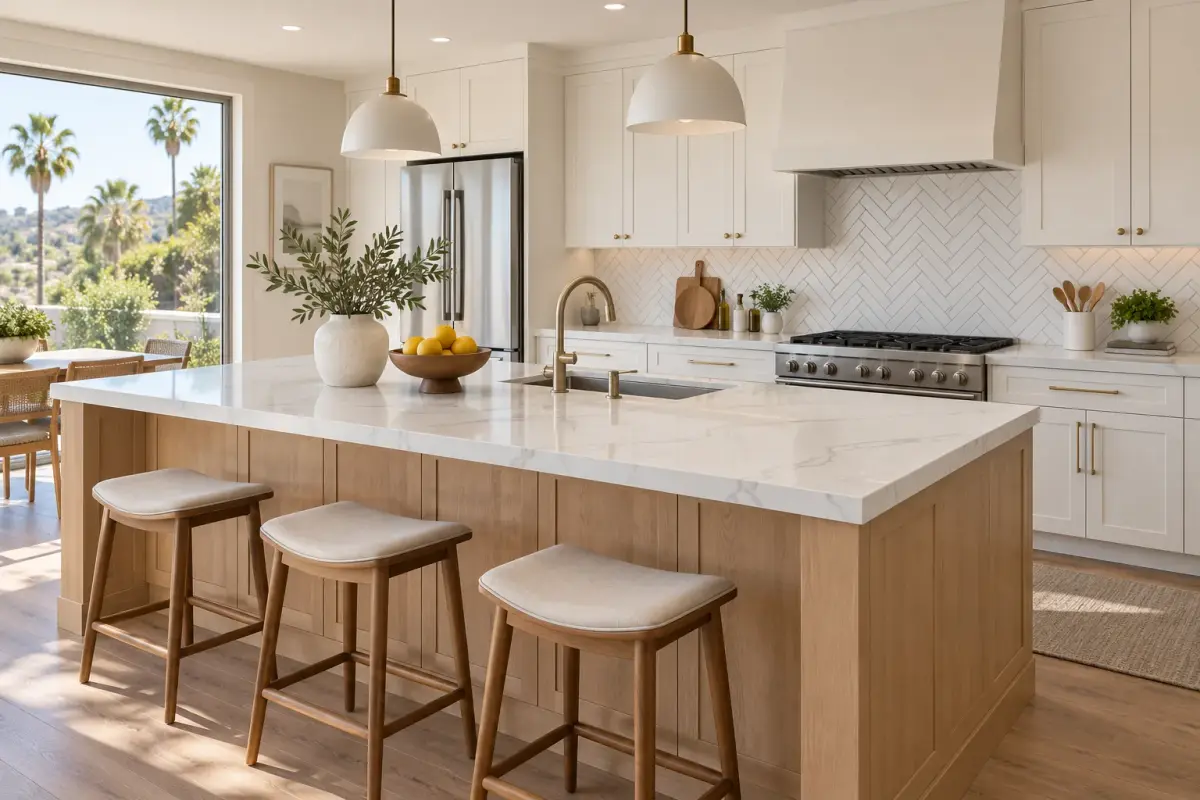 Completed kitchen remodel with a quartz island and herringbone back splash in a San Fernando Valley home.