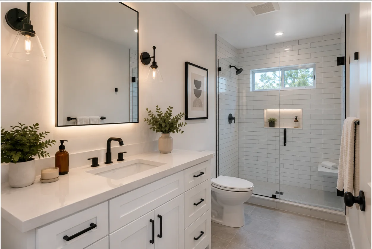 Completed mid-range bathroom remodel in Los Angeles with quartz countertops, modern fixtures, and tiled shower.
