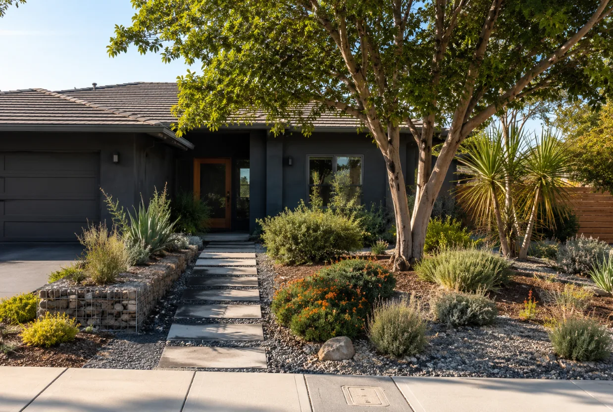 Drought-tolerant landscaping replacing a traditional lawn at a Los Angeles home as part of a sustainable remodeling project