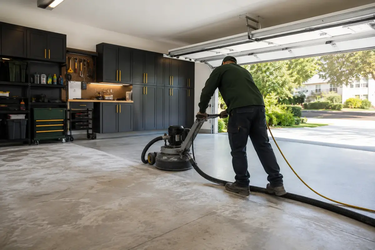 Professional preparing a concrete garage floor for a new protective floor coating in Los Angeles
