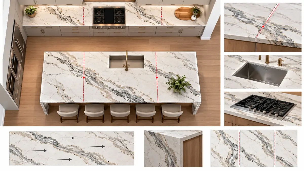 Kitchen countertop layout showing seams and cutouts.