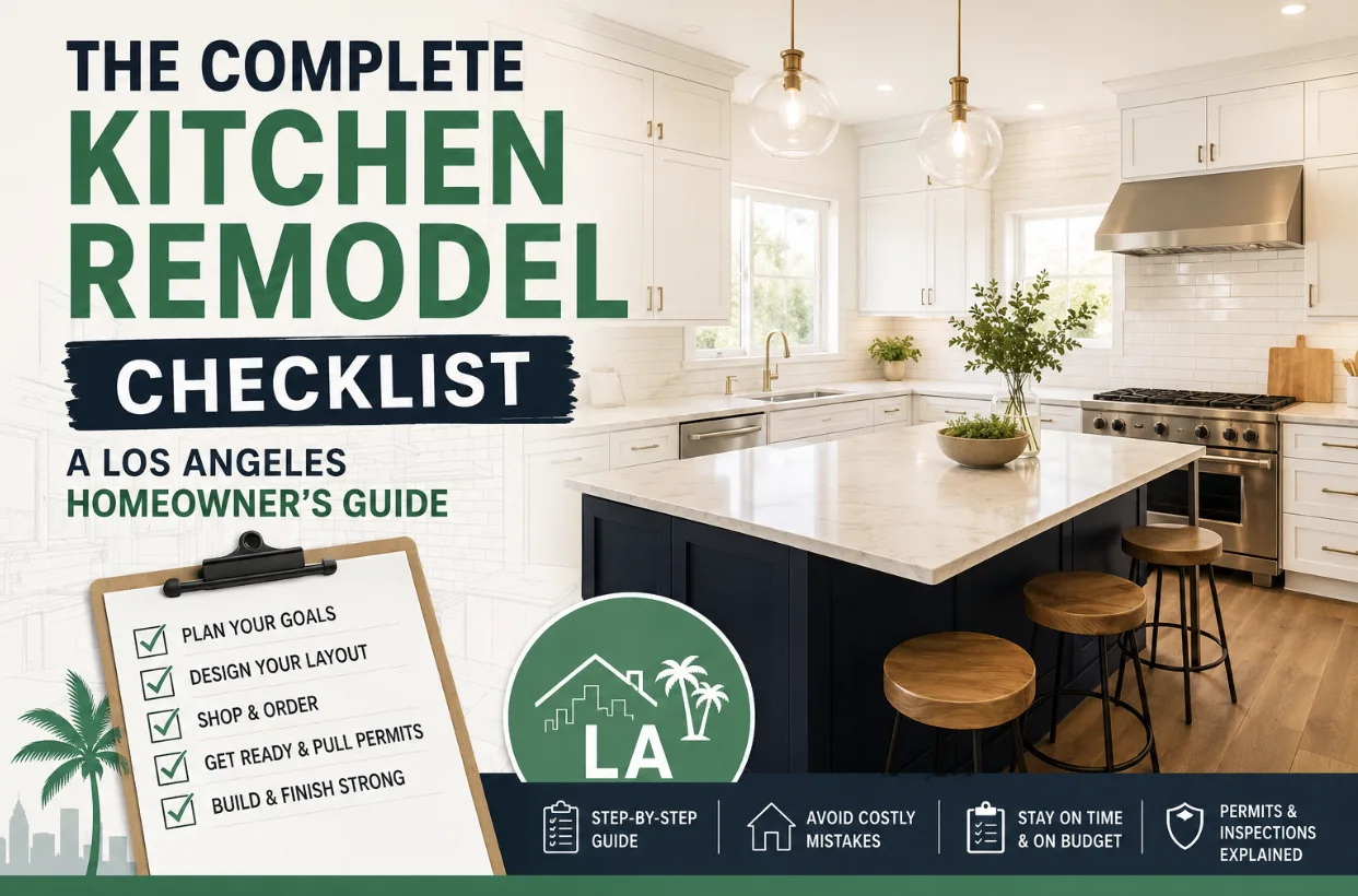 Modern kitchen remodel with a completed renovation checklist, featuring a bright contemporary kitchen and planning guide for Los Angeles homeowners