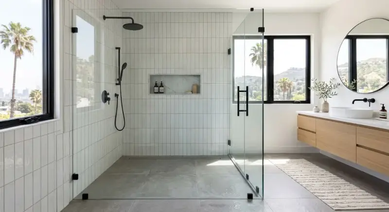 Light-filled bathroom with a walk-in glass shower, featuring a recessed storage niche, a rainfall showerhead, and a vanity with a circular mirror, overlooking a city view.