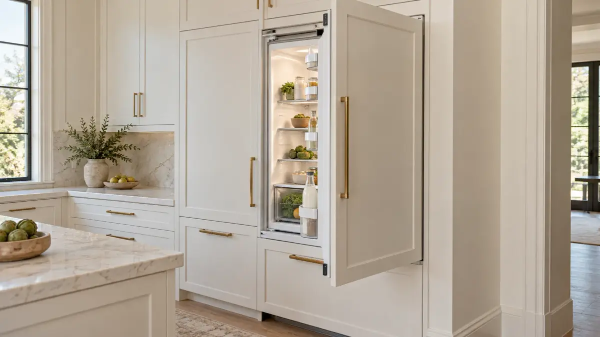 Panel-ready refrigerator door opening beside custom cabinetry.