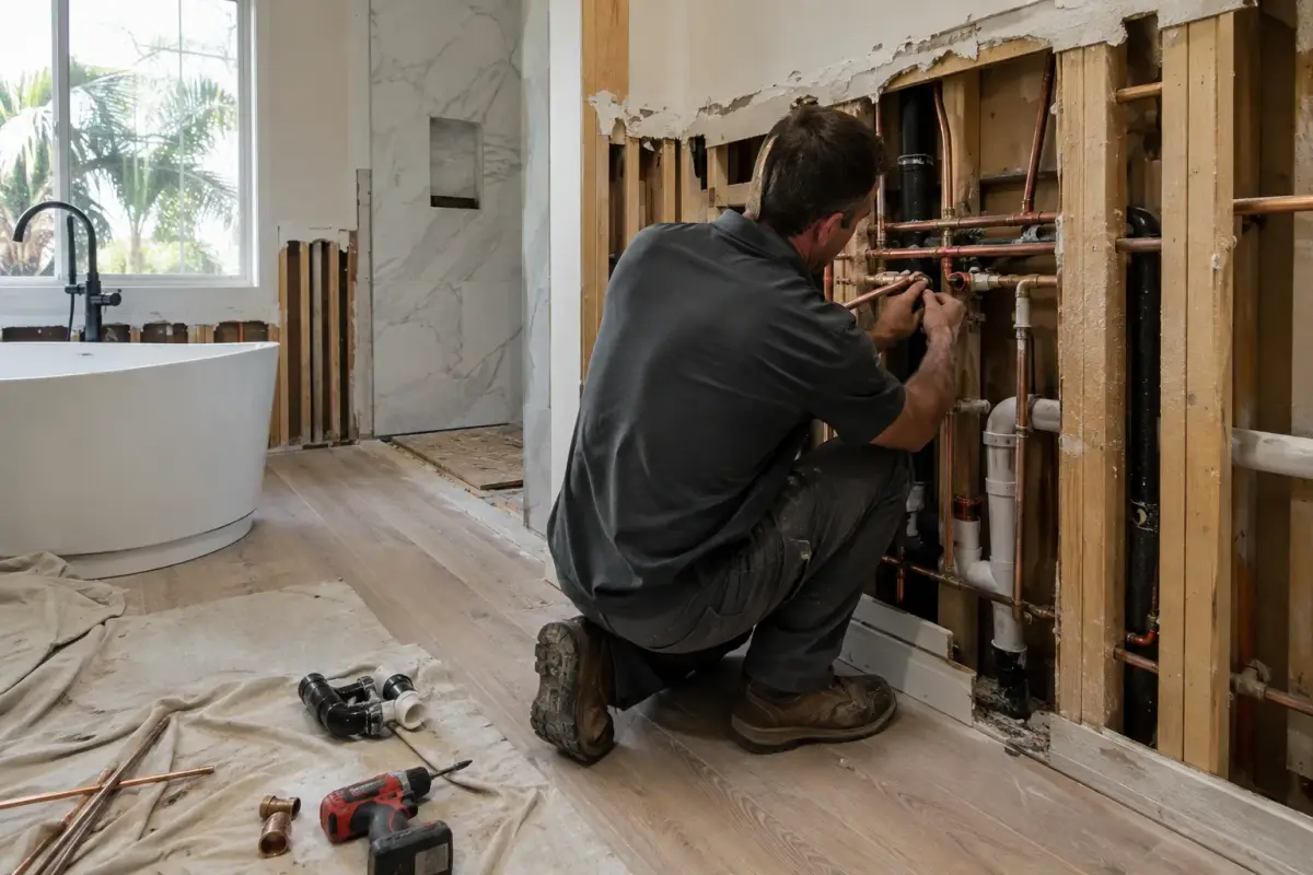 Professional contractor working on exposed plumbing during a California bathroom remodel