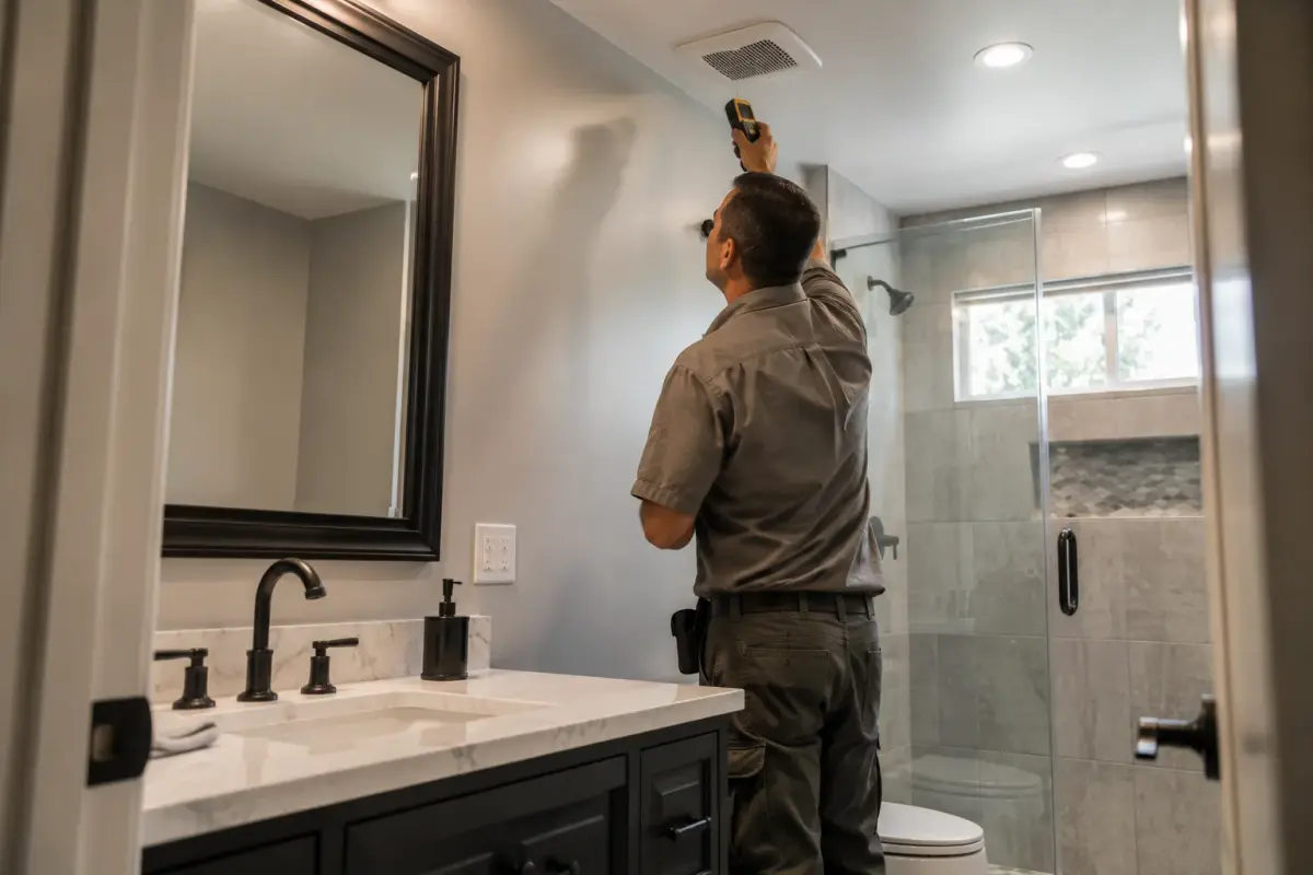 Professional inspecting electrical and ventilation systems in a remodeled California bathroom