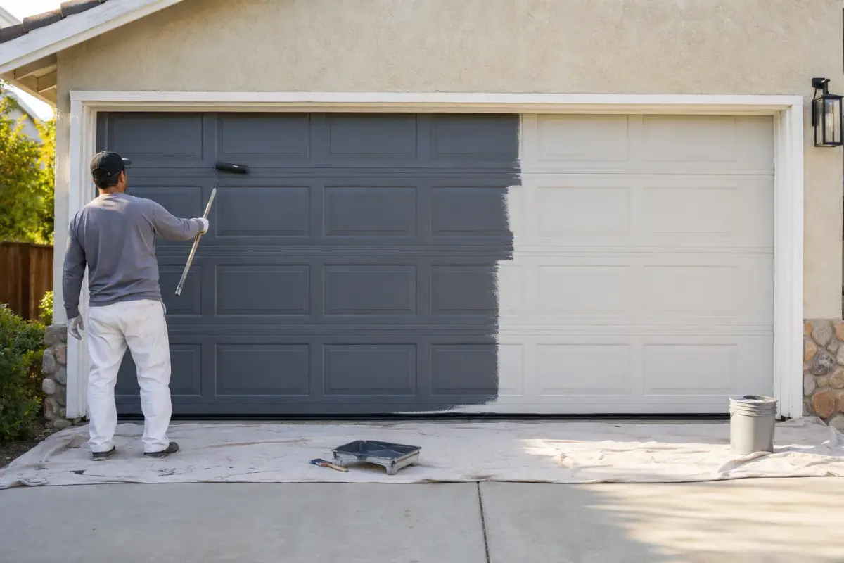 Professional painter applying fresh paint to a residential sectional garage door