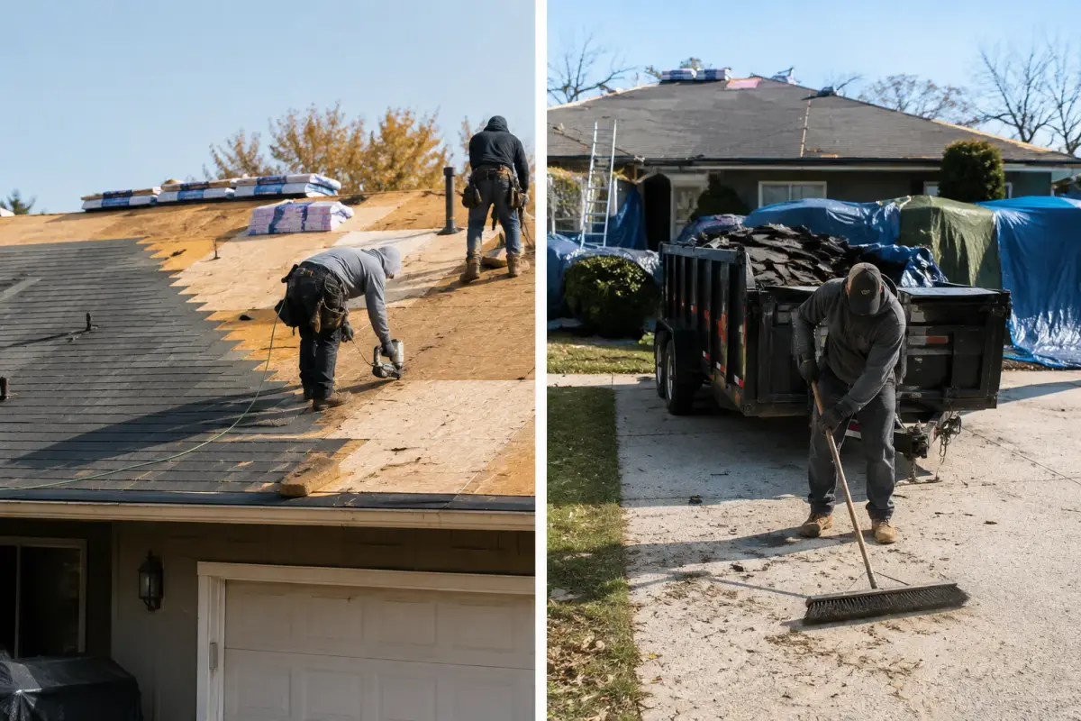 Roofing crew installing shingles and cleaning up debris during a residential roof replacement
