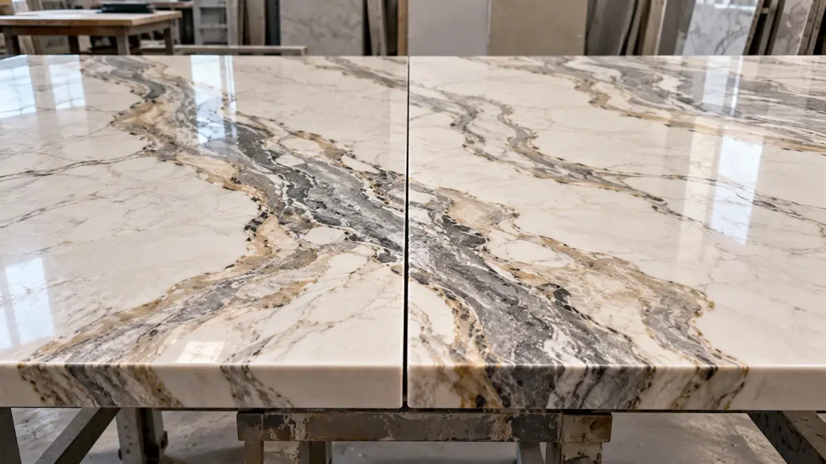 Veined countertop pieces aligned at a planned seam.