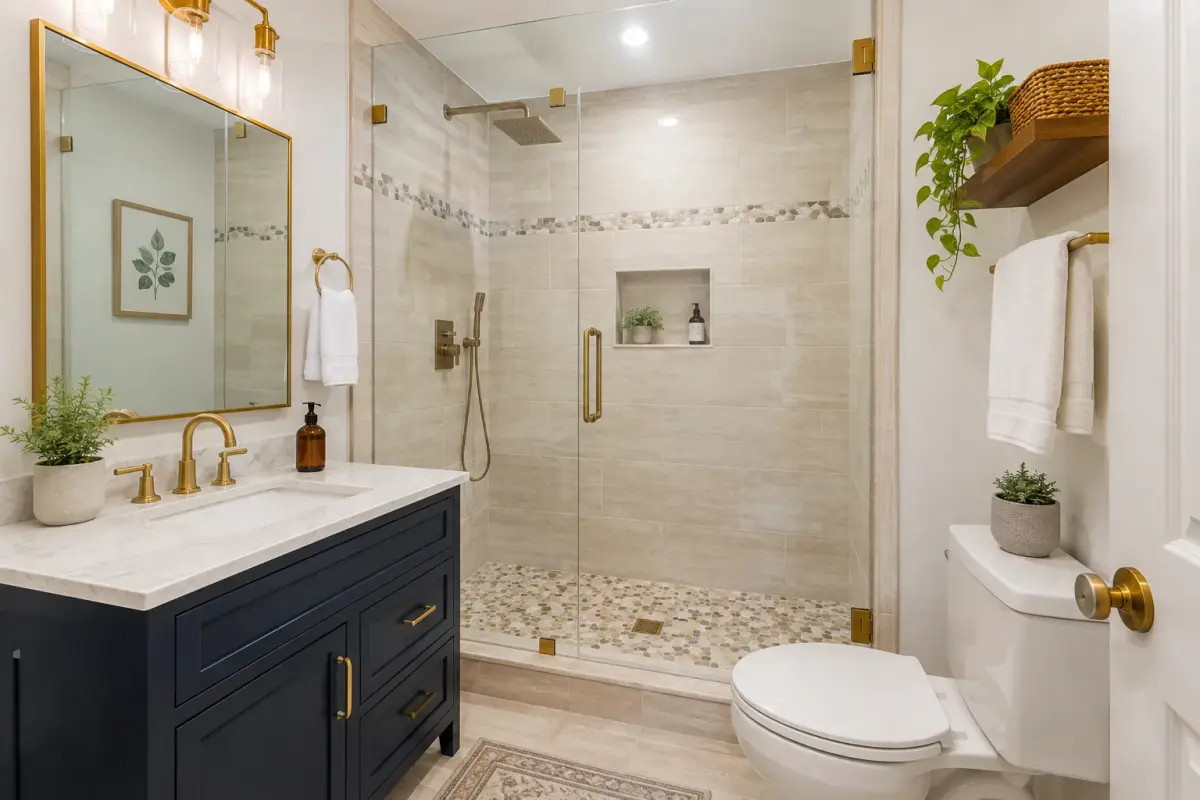 Modern walk-in glass shower with frameless enclosure in a remodeled 5x8 bathroom in Los Angeles.