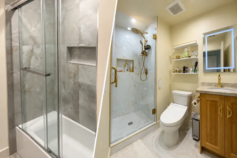 Before and after of a Calabasas bathroom remodel, from a tub with sliding glass doors to a walk-in shower with gold fixtures and a wood vanity.