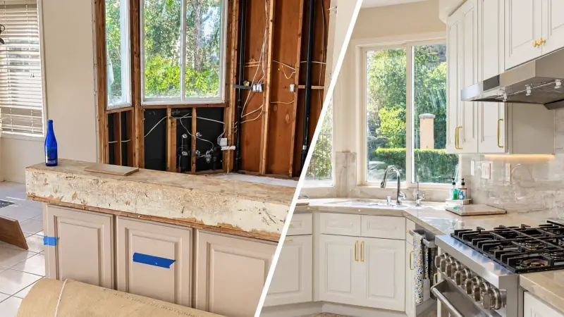Before and after of a Calabasas kitchen remodel, from open framing and exposed wiring to white cabinetry, a stone backsplash and a professional gas range.