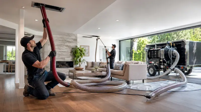 Professional technician cleaning residential air ducts with HEPA vacuum equipment in a Los Angeles home to improve indoor air quality and HVAC airflow.