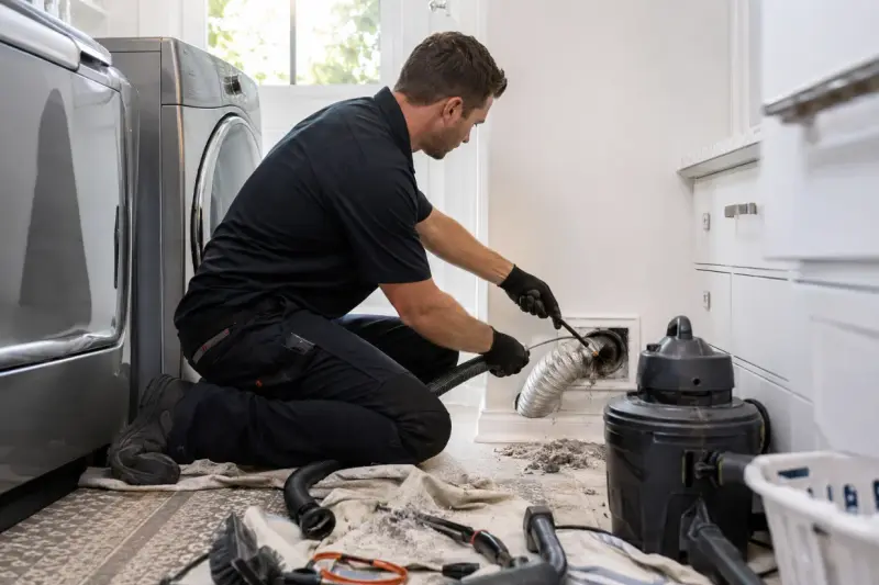 Professional technician cleaning a residential dryer vent in Los Angeles using rotary brush equipment.